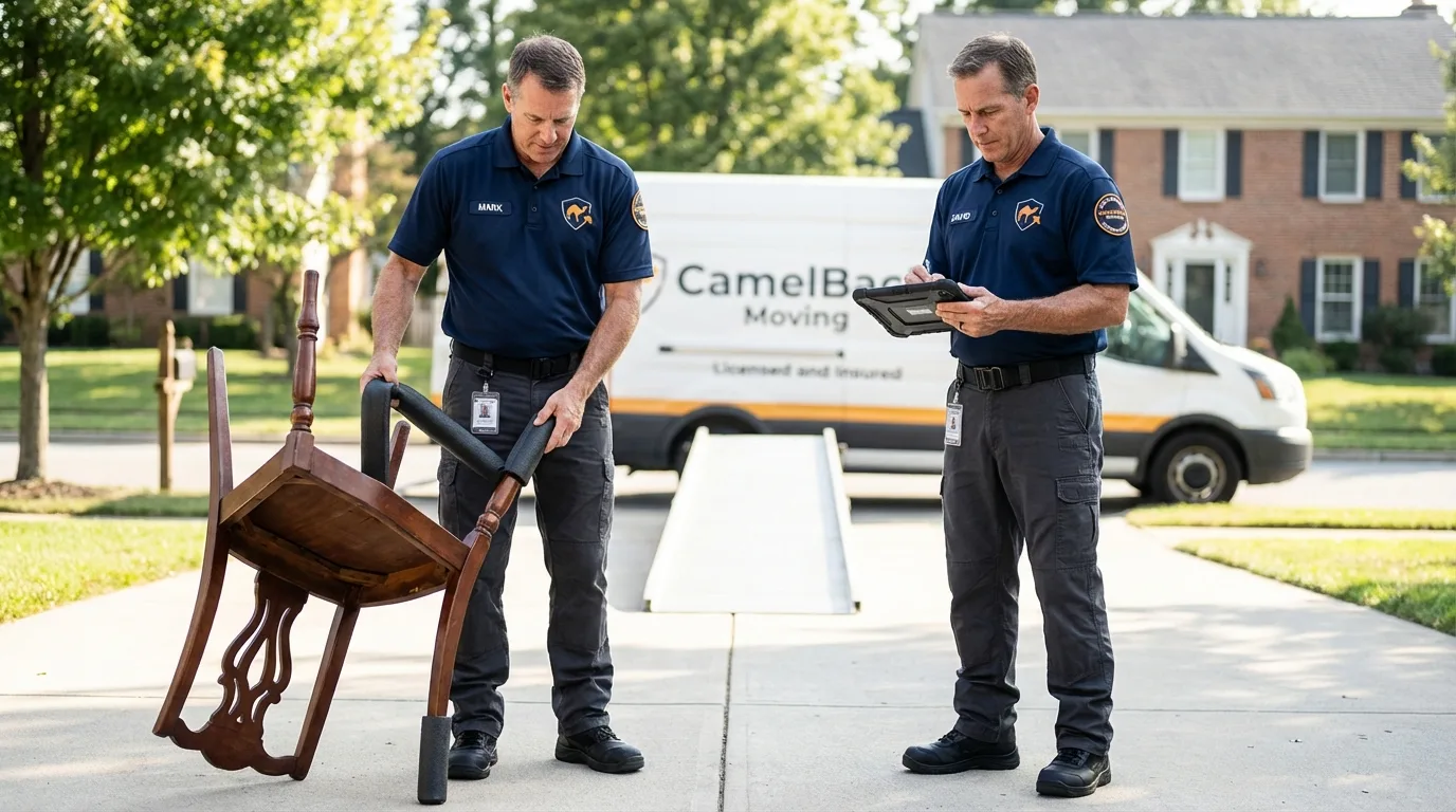 Movers inspecting furniture for damage prevention before loading in Wakarusa, IN