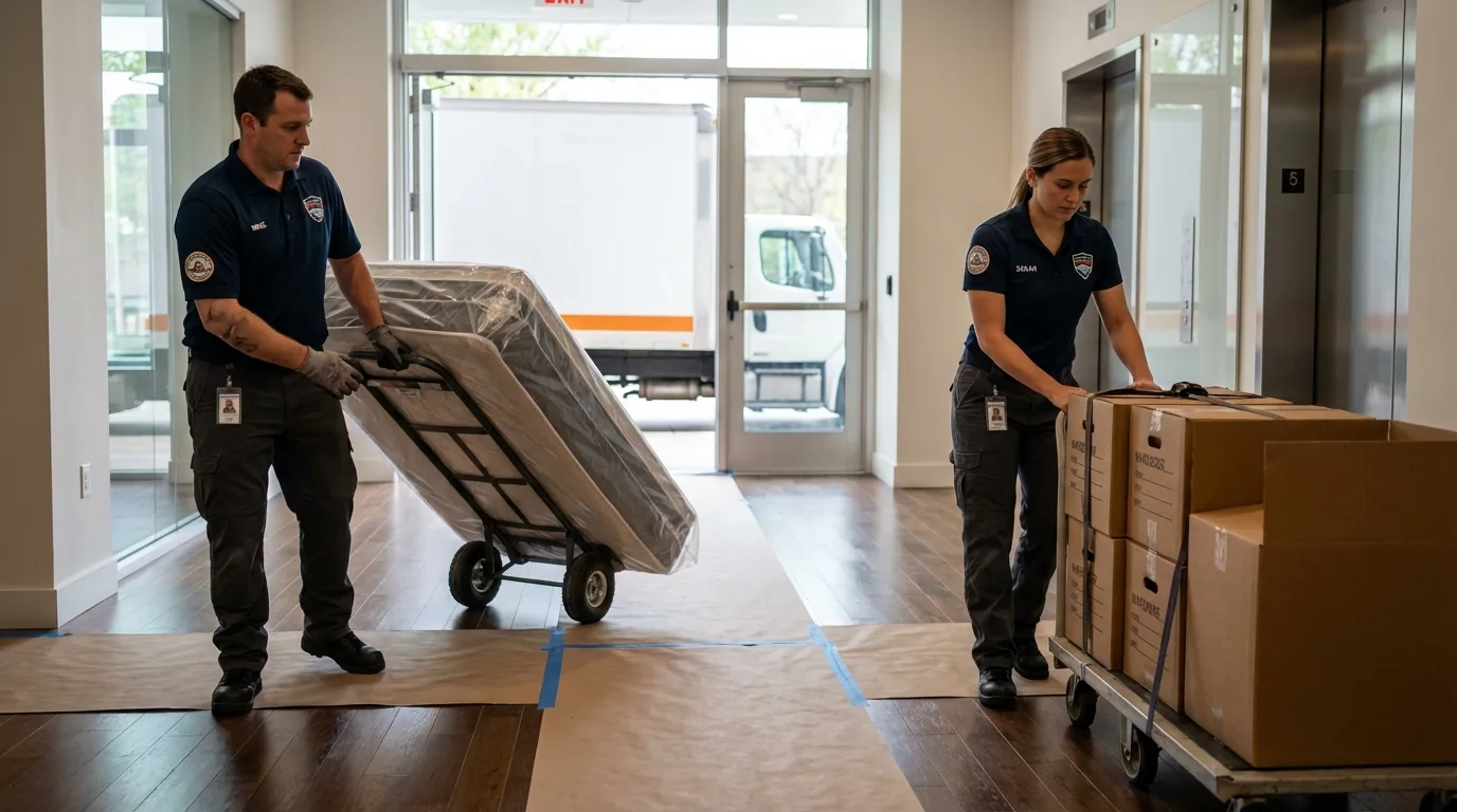 Professional apartment movers loading elevator in Wakarusa, IN